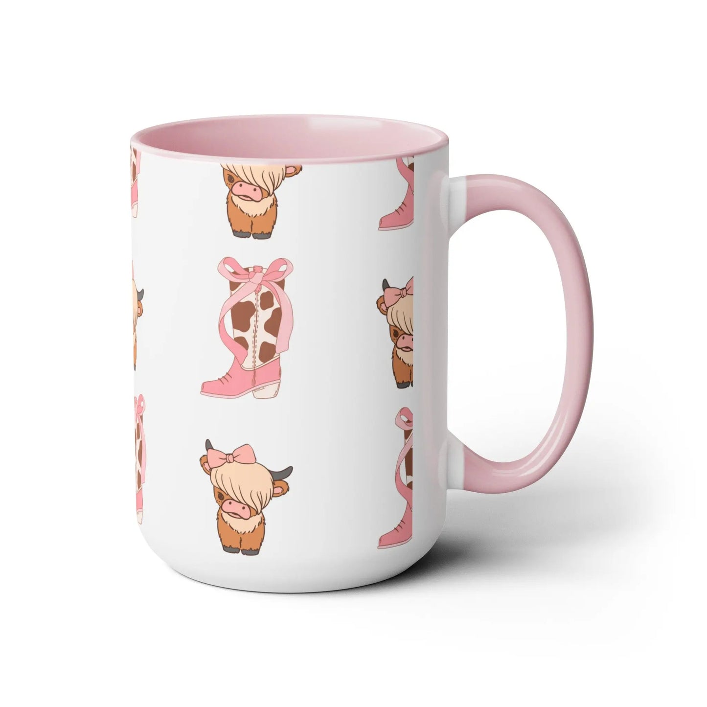 Highland cow and pink cowgirl boots Coquette Coffee and Tea Ceramic Mug Printify