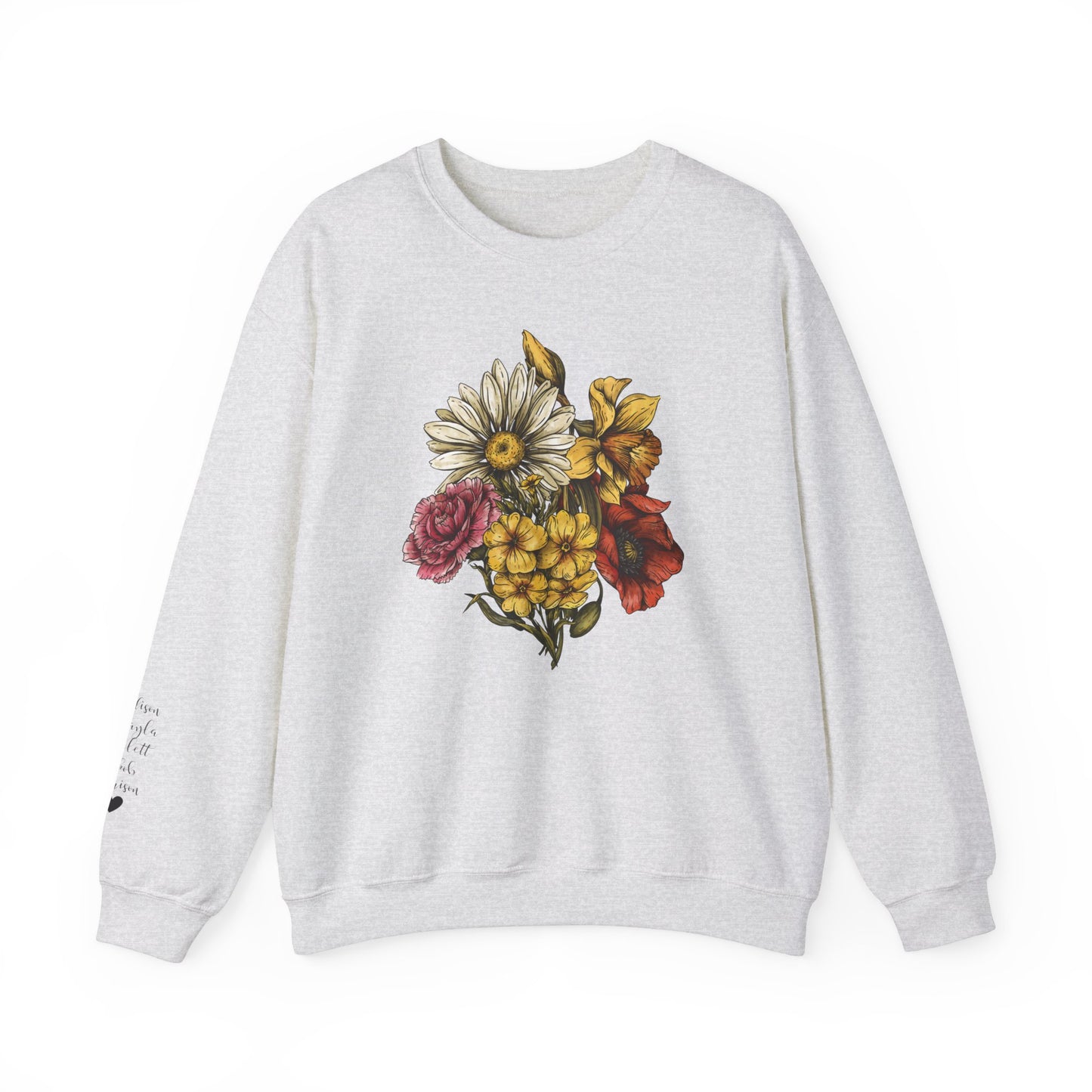 Custom Birth Flower Bouquet Sweatshirt with Personalized Names Printed on Sleeve