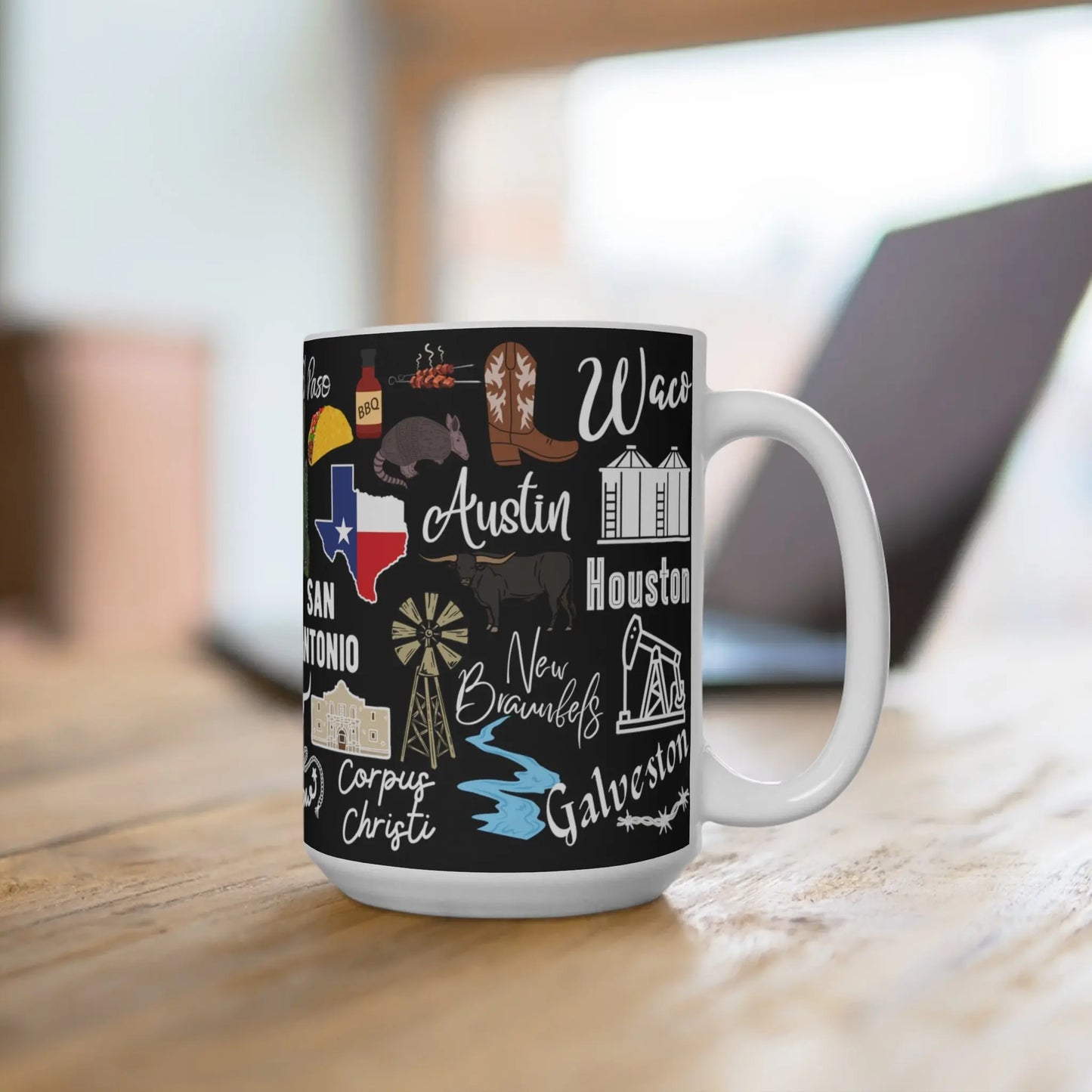 All Things Texas (Black) Coffee and Tea Ceramic Mug Printify