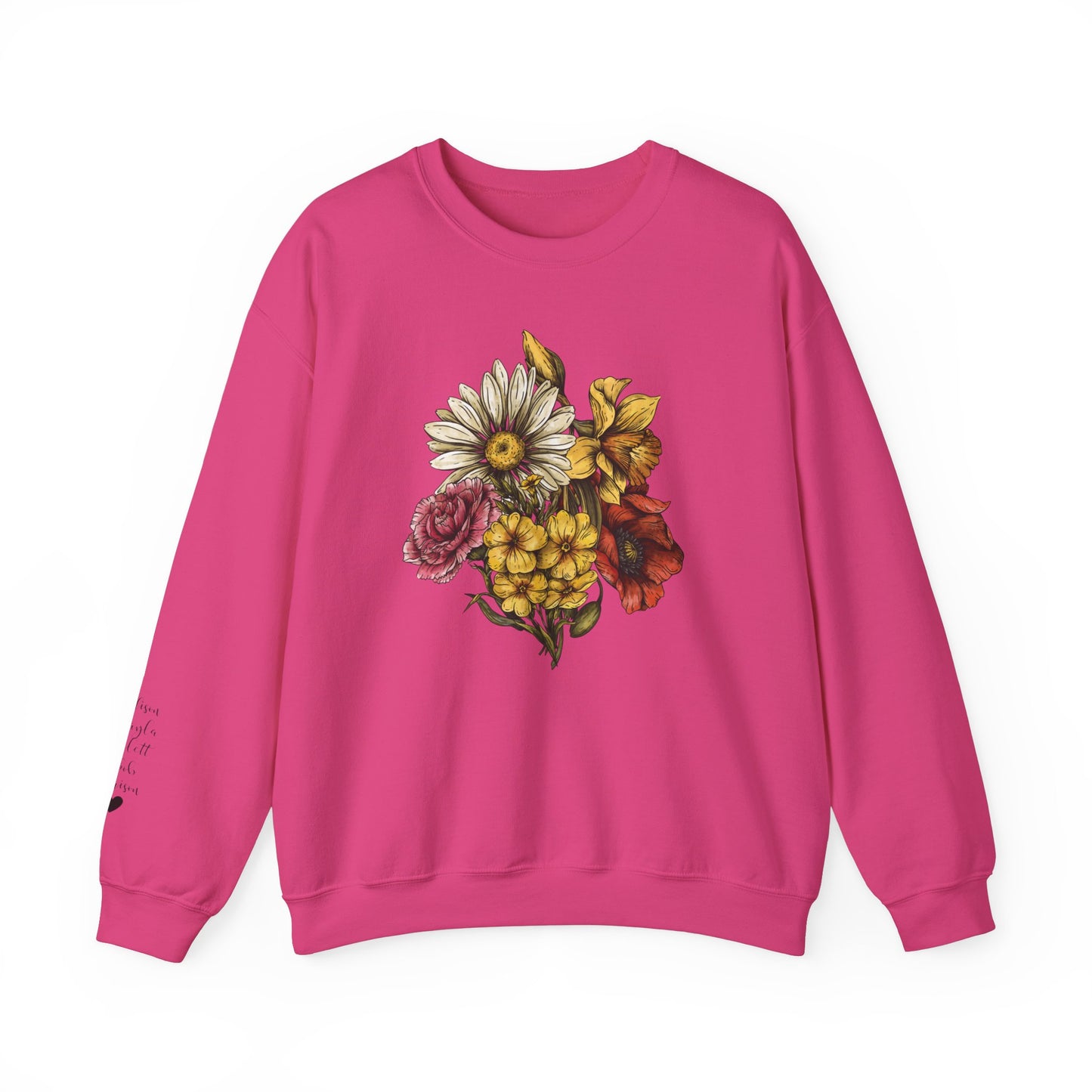 Custom Birth Flower Bouquet Sweatshirt with Personalized Names Printed on Sleeve