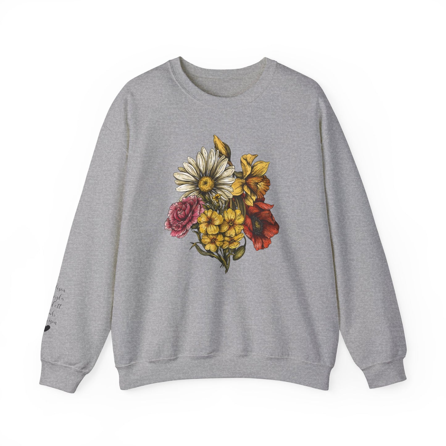 Custom Birth Flower Bouquet Sweatshirt with Personalized Names Printed on Sleeve