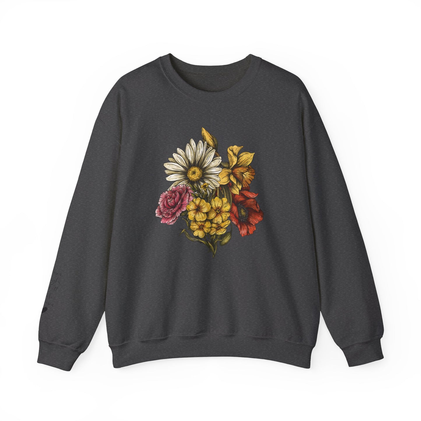 Custom Birth Flower Bouquet Sweatshirt with Personalized Names Printed on Sleeve