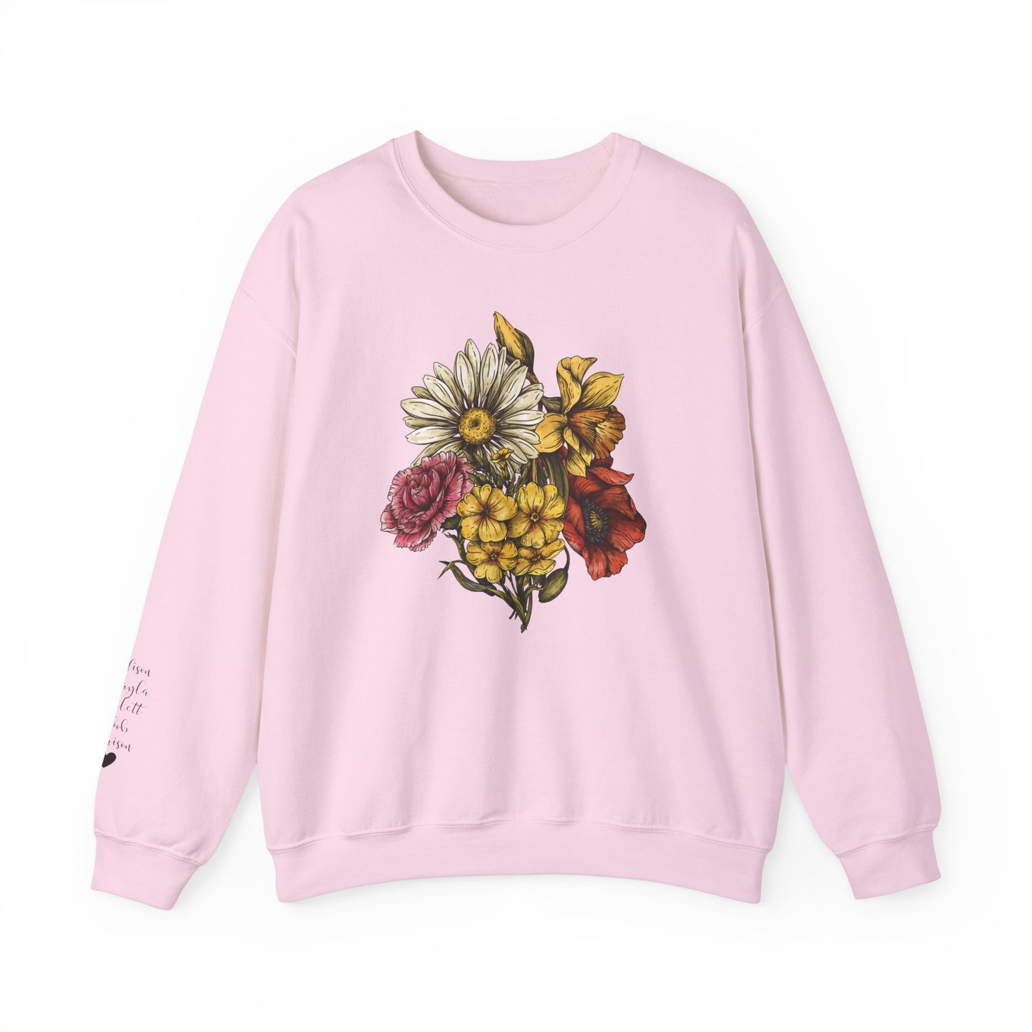 Custom Birth Flower Bouquet Sweatshirt with Personalized Names Printed on Sleeve