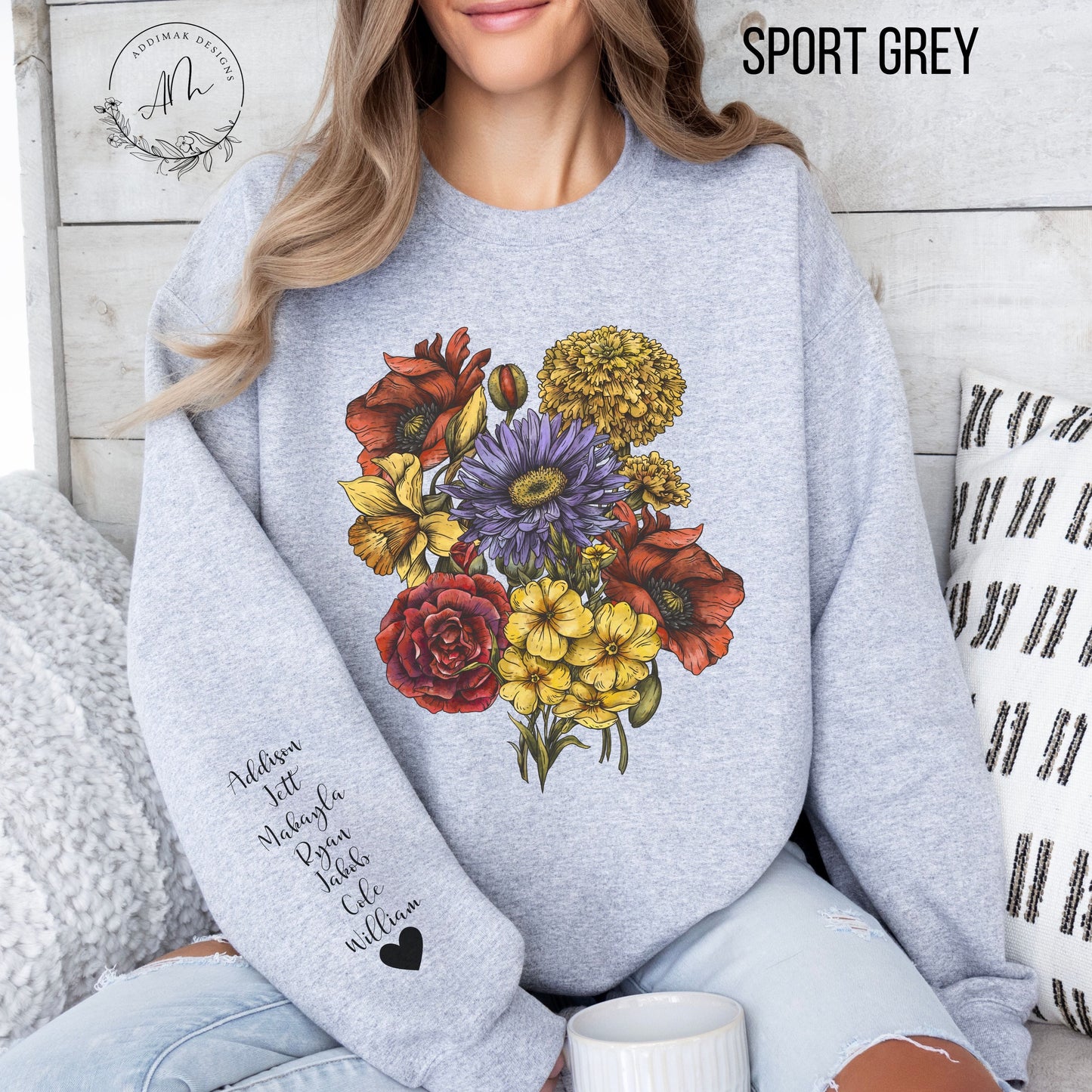 Custom Birth Flower Bouquet Sweatshirt with Personalized Names Printed on Sleeve