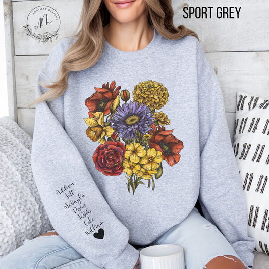 Custom Birth Flower Bouquet Sweatshirt with Personalized Names Printed on Sleeve