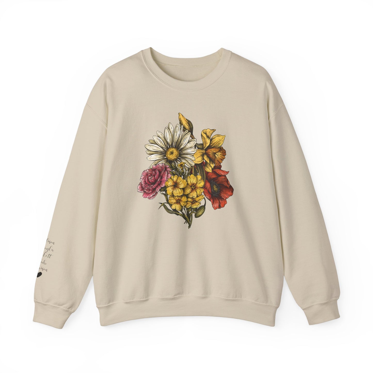 Custom Birth Flower Bouquet Sweatshirt with Personalized Names Printed on Sleeve