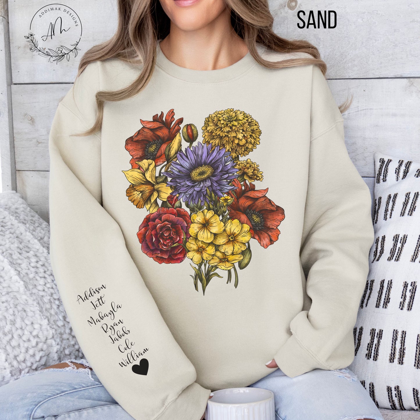 Custom Birth Flower Bouquet Sweatshirt with Personalized Names Printed on Sleeve