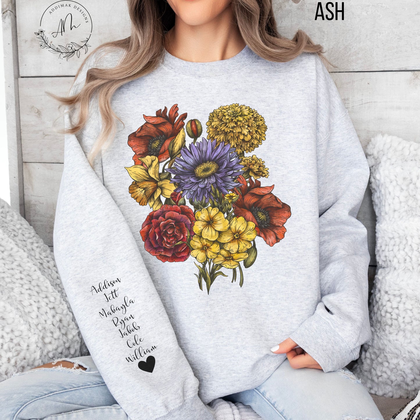 Custom Birth Flower Bouquet Sweatshirt with Personalized Names Printed on Sleeve