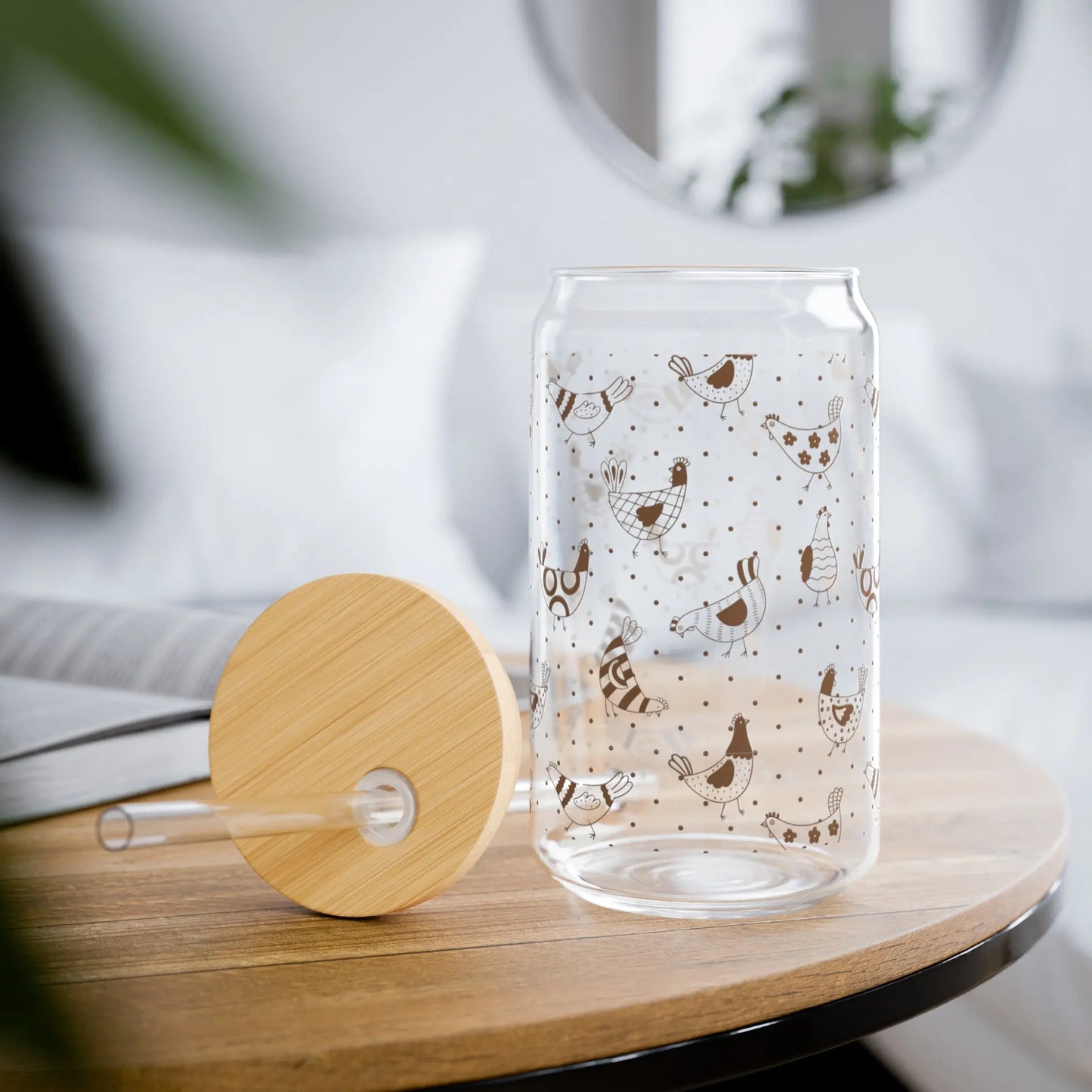Whimsical Chickens Glass Can Iced Coffee Cup with Bamboo Lid and Straw Printify