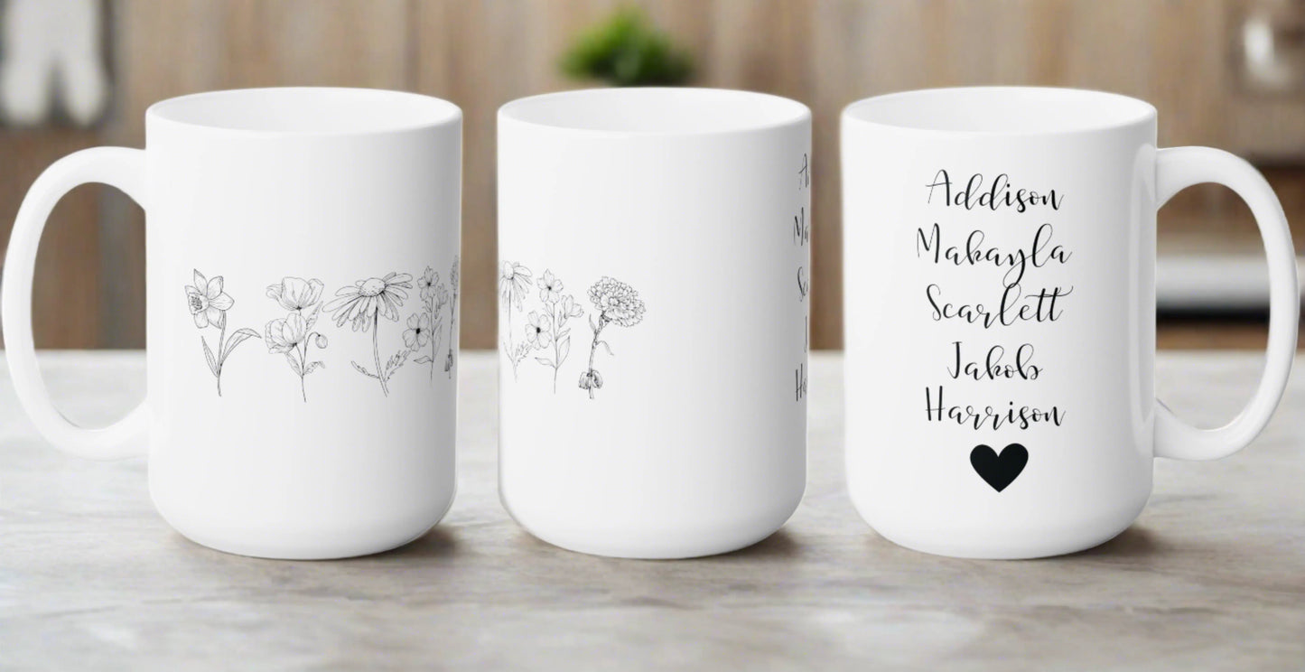 Custom Birth Flower Line Design Coffee Mug - Personalized with Names Printify