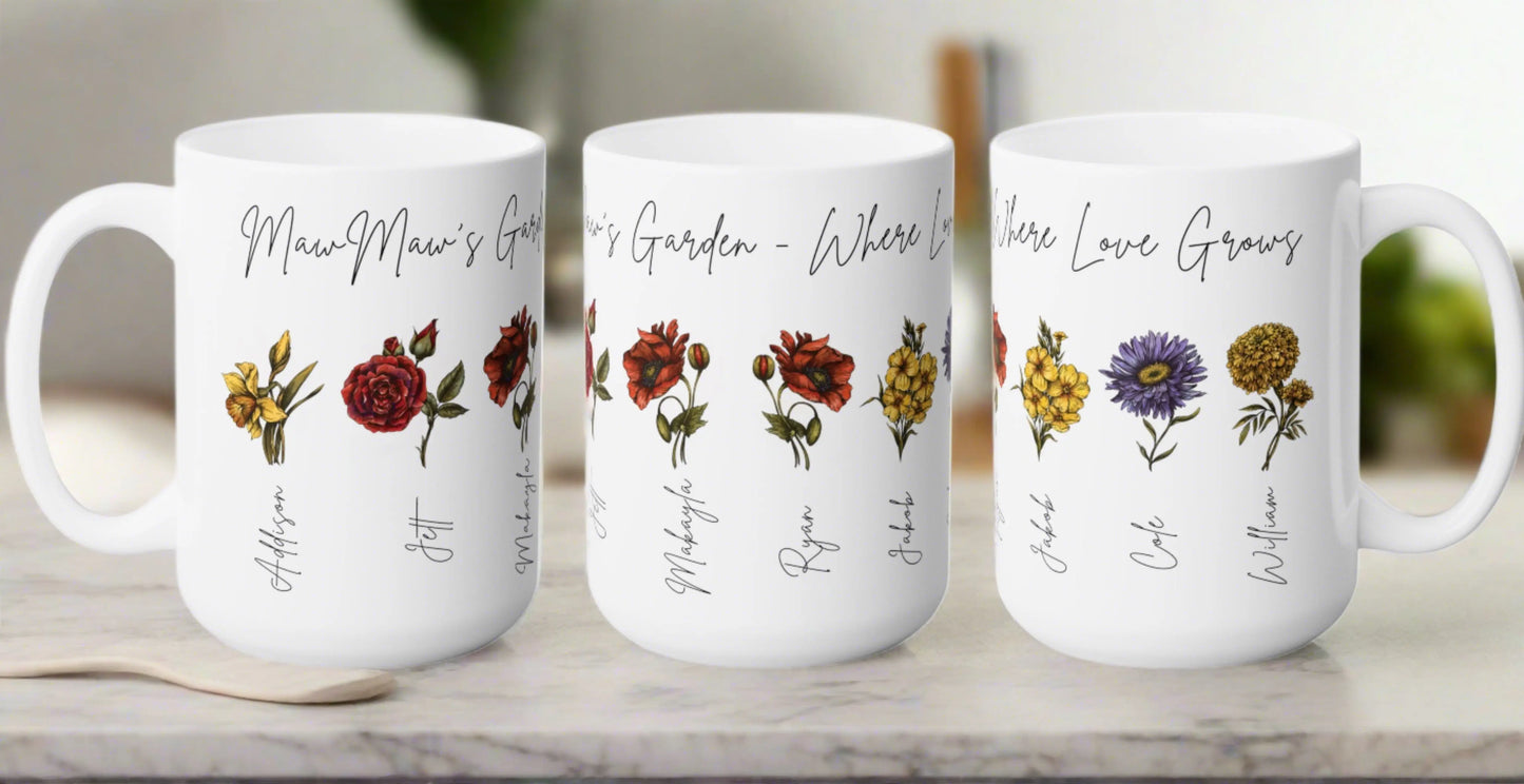 Custom Grandma's or Mom's Garden Birth Flower Coffee or Tea Mug Printify