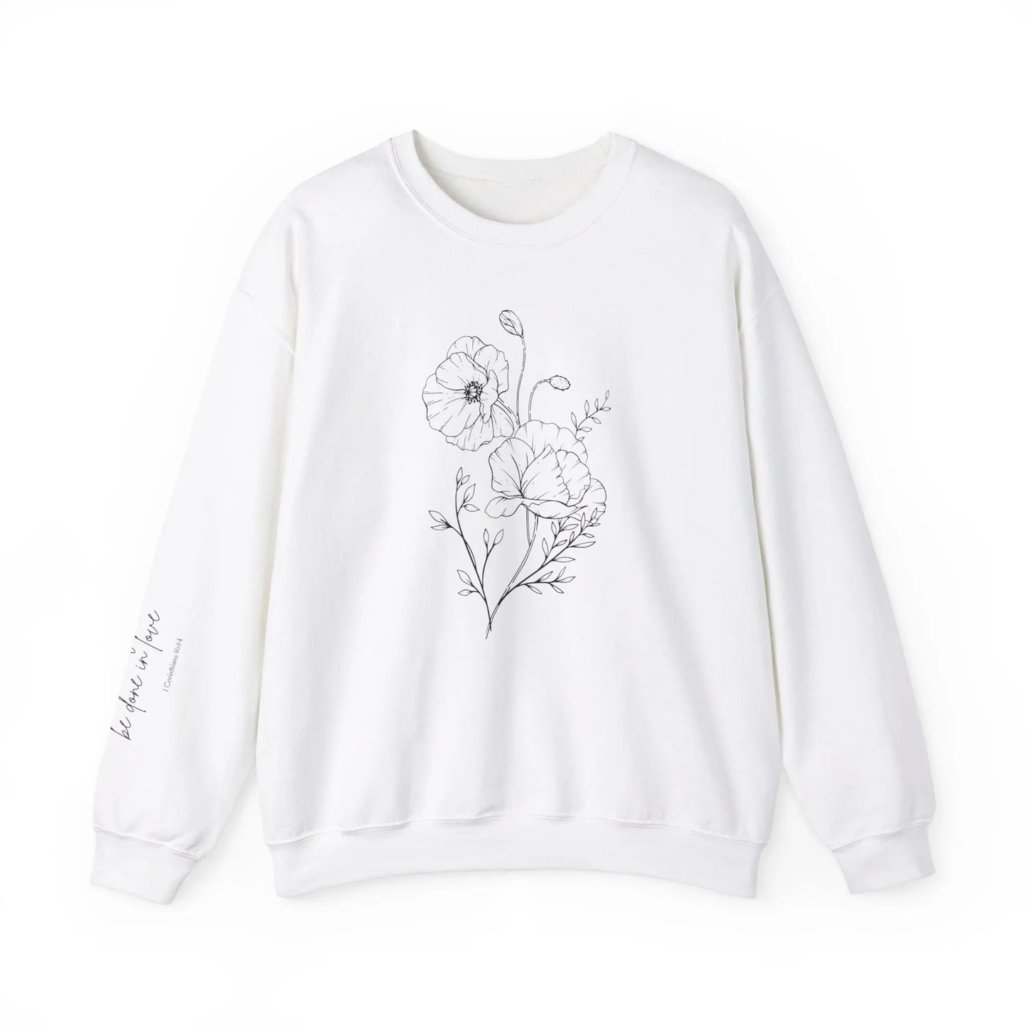 Floral (1 Corinthians 16:14 on Sleeve) Crewneck Sweatshirt Printify