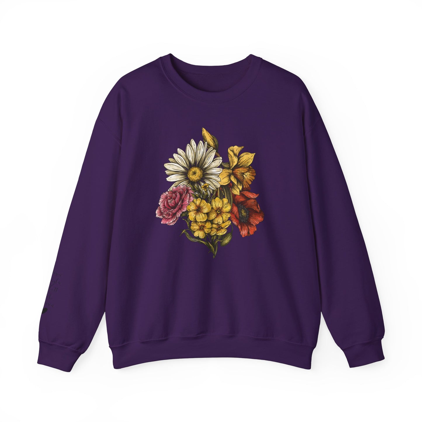 Custom Birth Flower Bouquet Sweatshirt with Personalized Names Printed on Sleeve