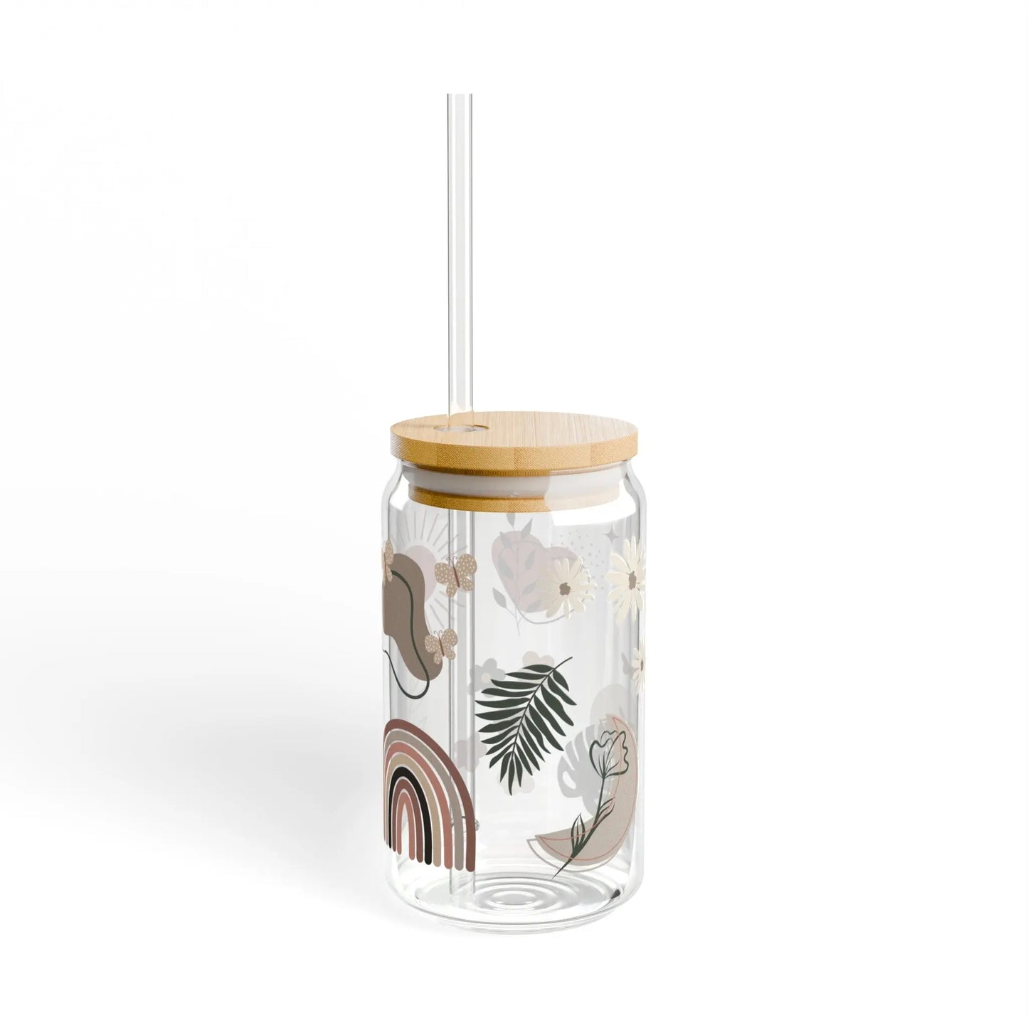 Boho Tumbler Glass Can Iced Coffee Cup with Bamboo Lid and Straw Printify