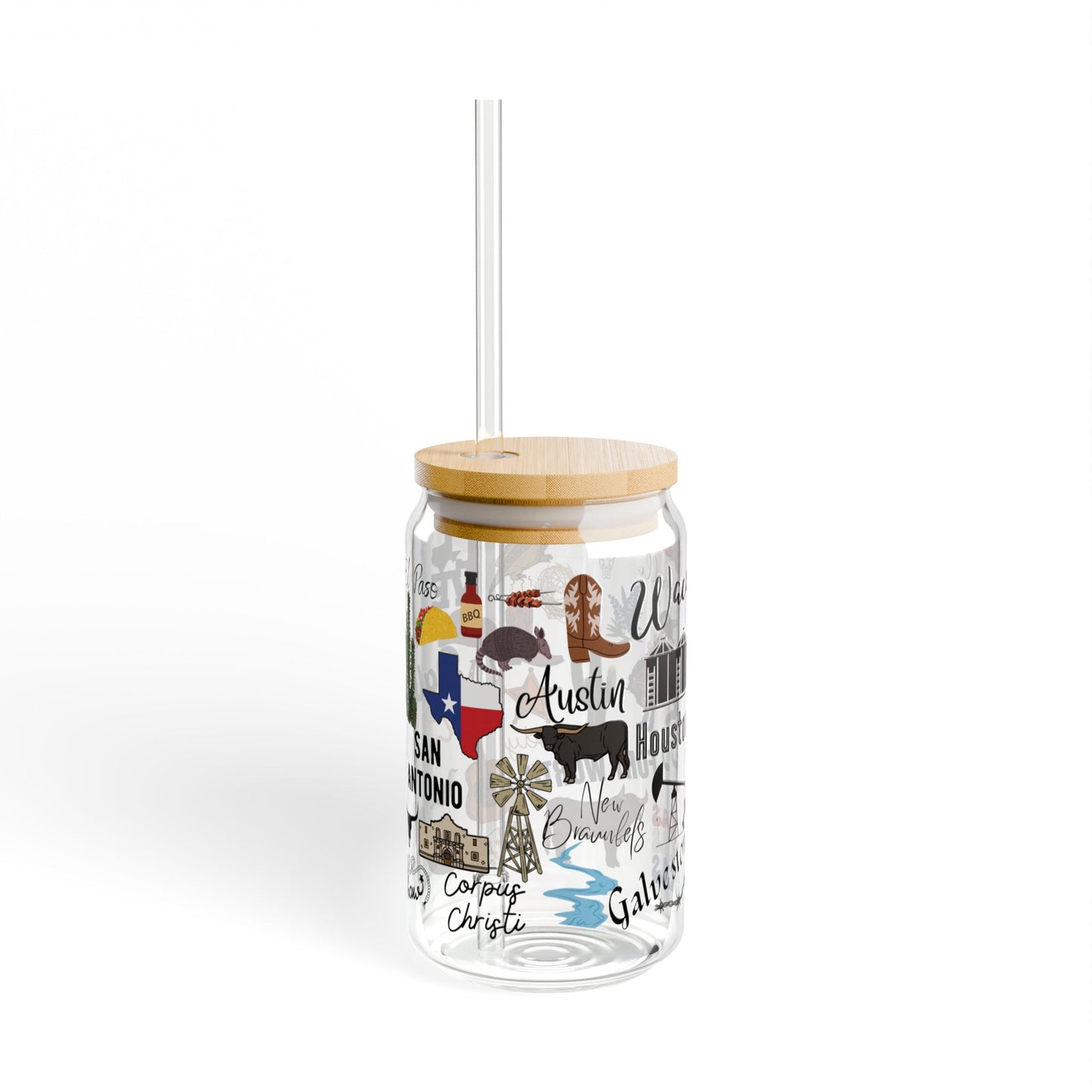 All Things Texas Iced Coffee Can Glass Cup with Bamboo Lid and Straw