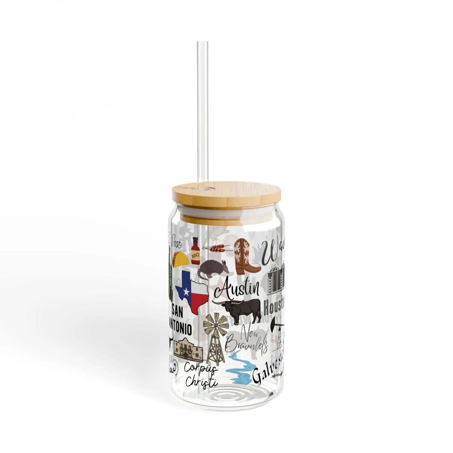 All Things Texas Iced Coffee Can Glass Cup with Bamboo Lid and Straw Printify
