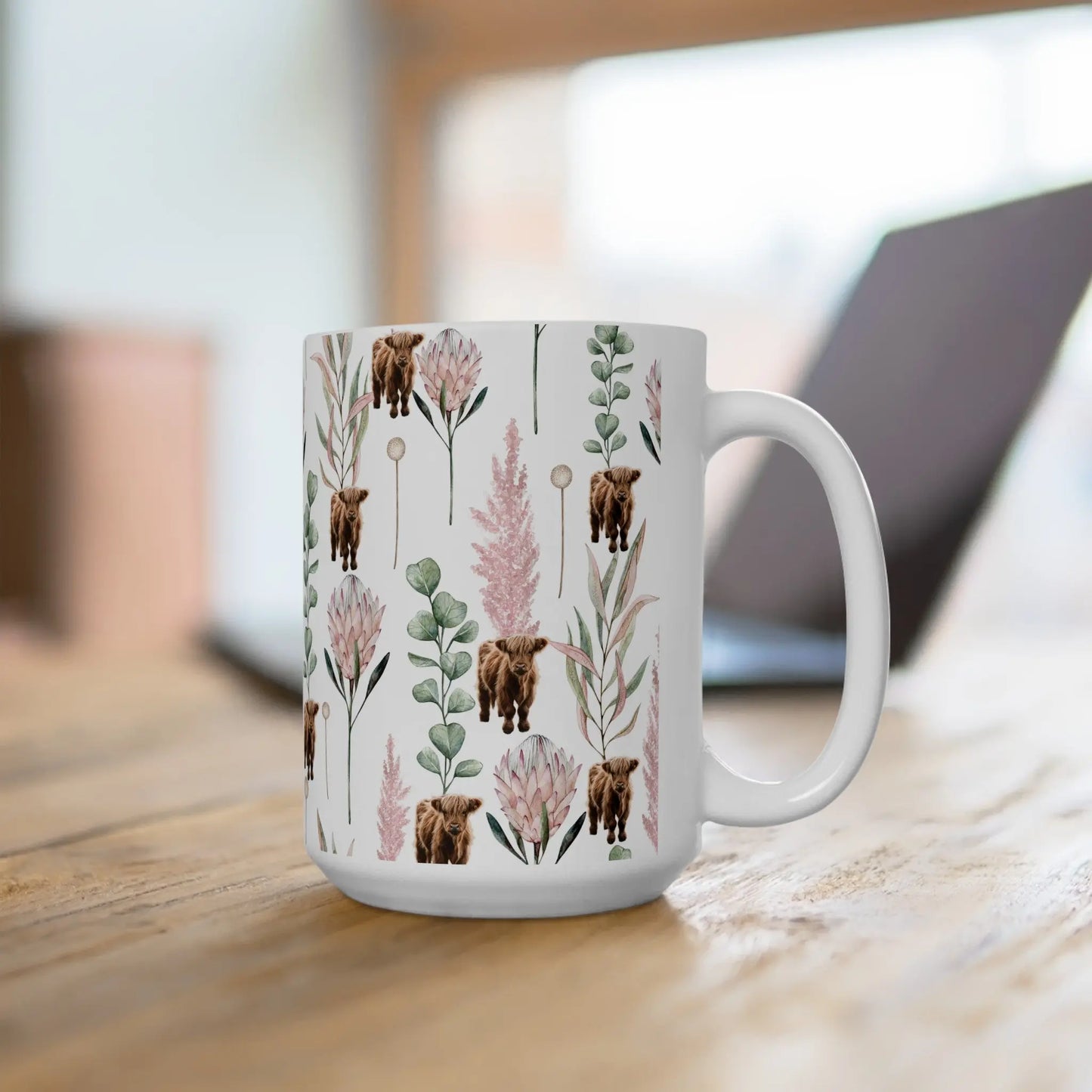 Boho Floral Pattern with Highland Cows Ceramic Coffee and Tea Mug Printify