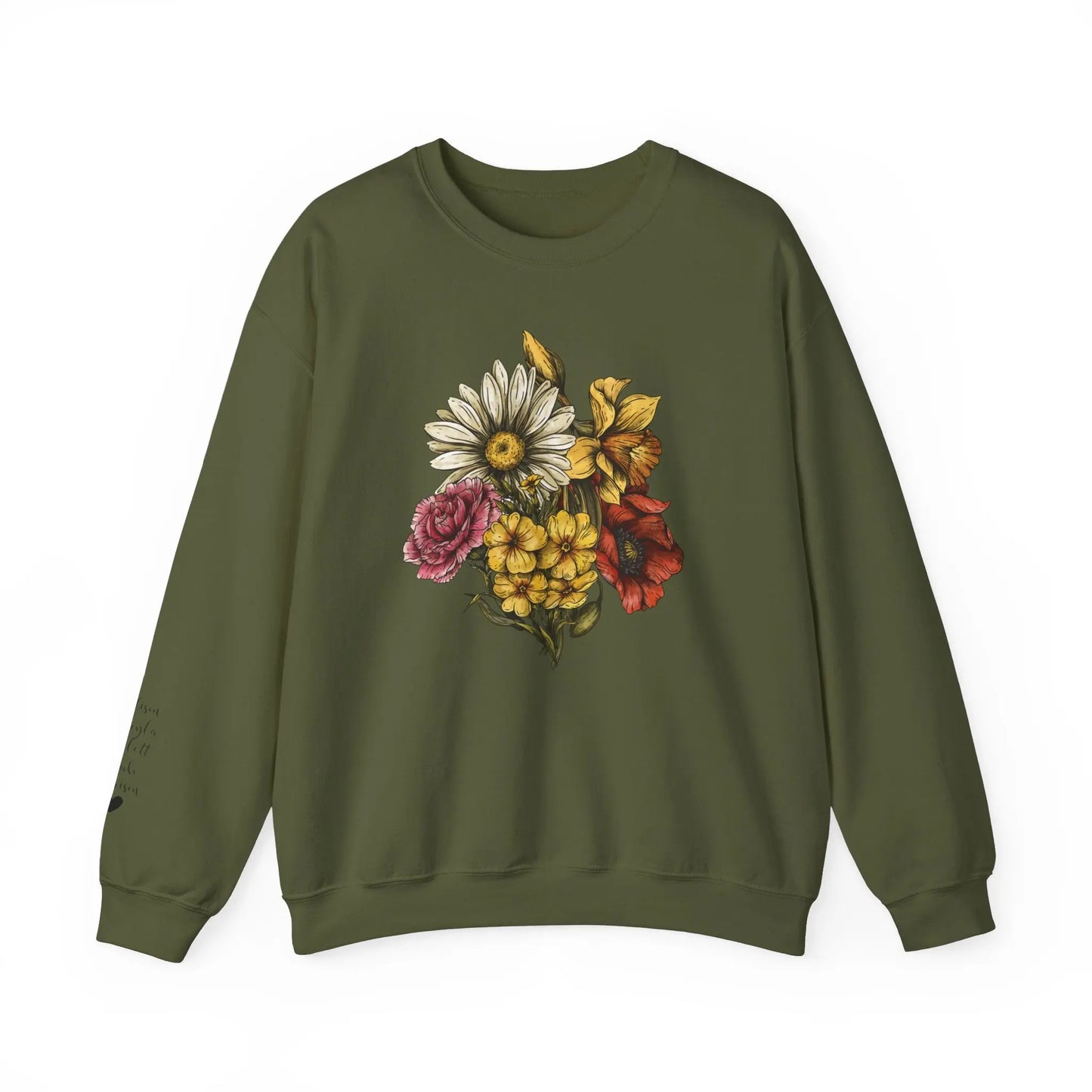 Custom Birth Flower Bouquet Sweatshirt with Personalized Names Printed on Sleeve Printify