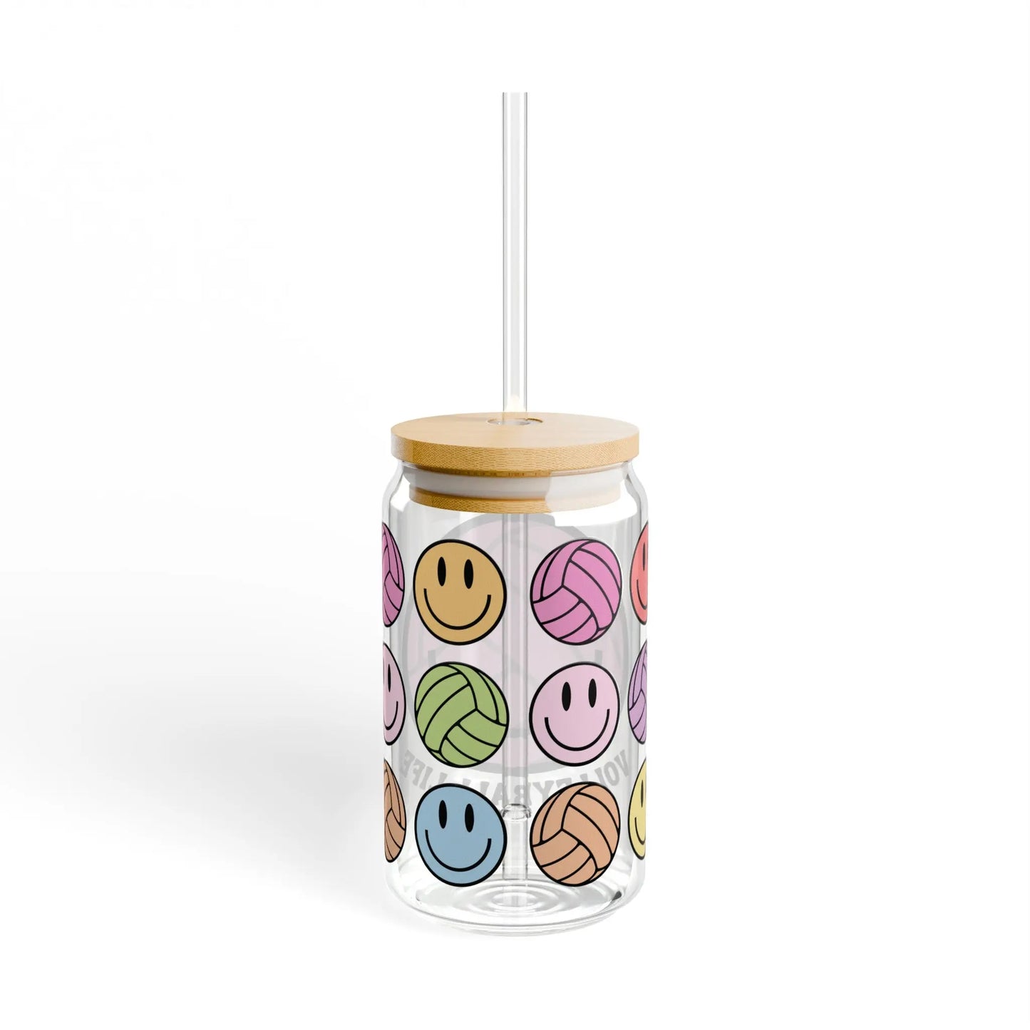 Retro Volleyball Life Smiley Iced Coffee Glass Can Tumbler with Bamboo Lid and Straw Printify