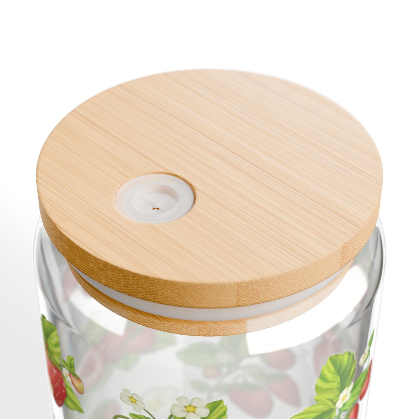 Strawberry Glass Can Iced Coffee Cup with Bamboo Lid and Straw