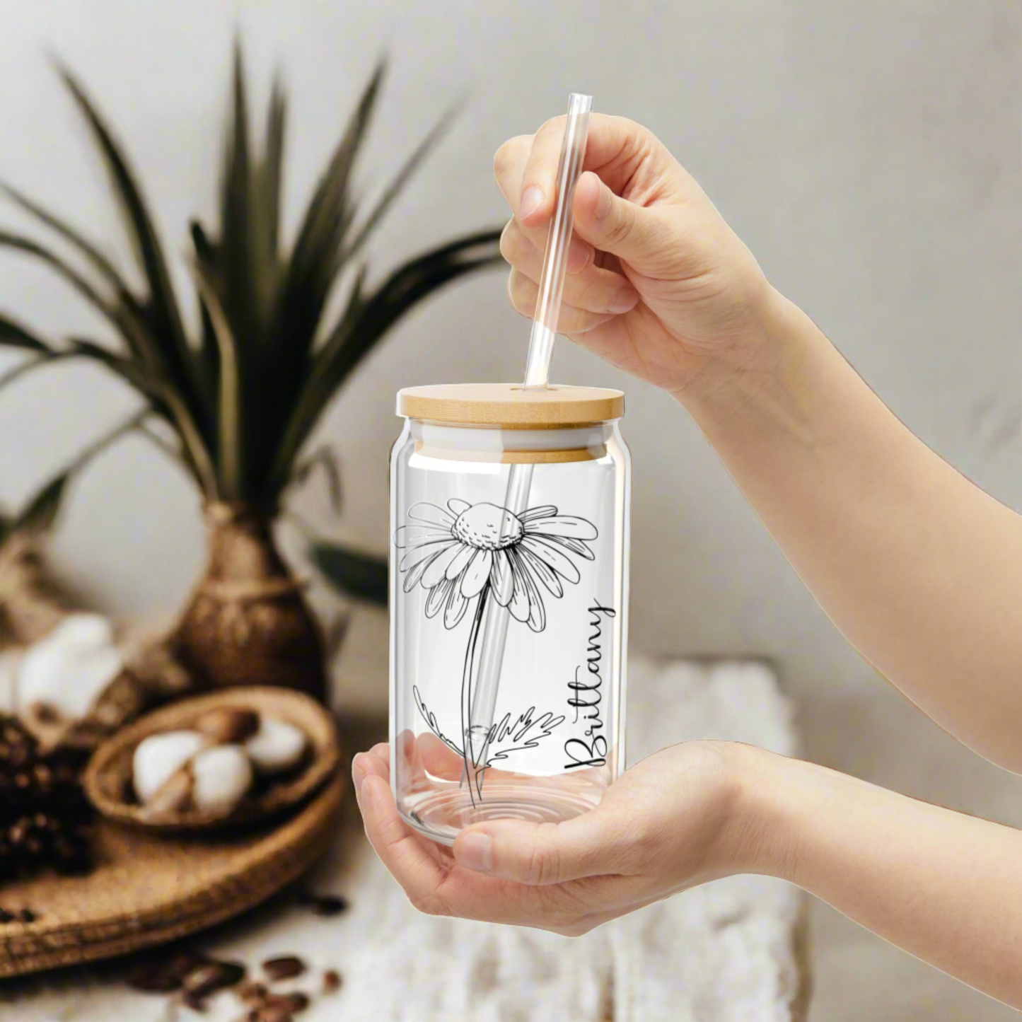 Custom Birth Flower with Name Glass Can Iced Coffee Cup