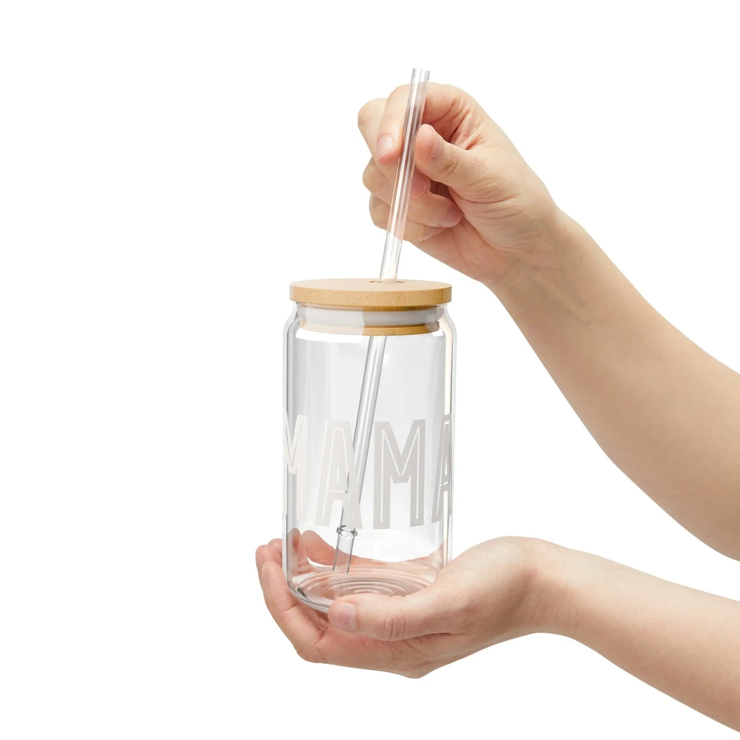 Minimalist MAMA Iced Coffee Glass Can Tumbler with Bamboo Lid and Straw Printify