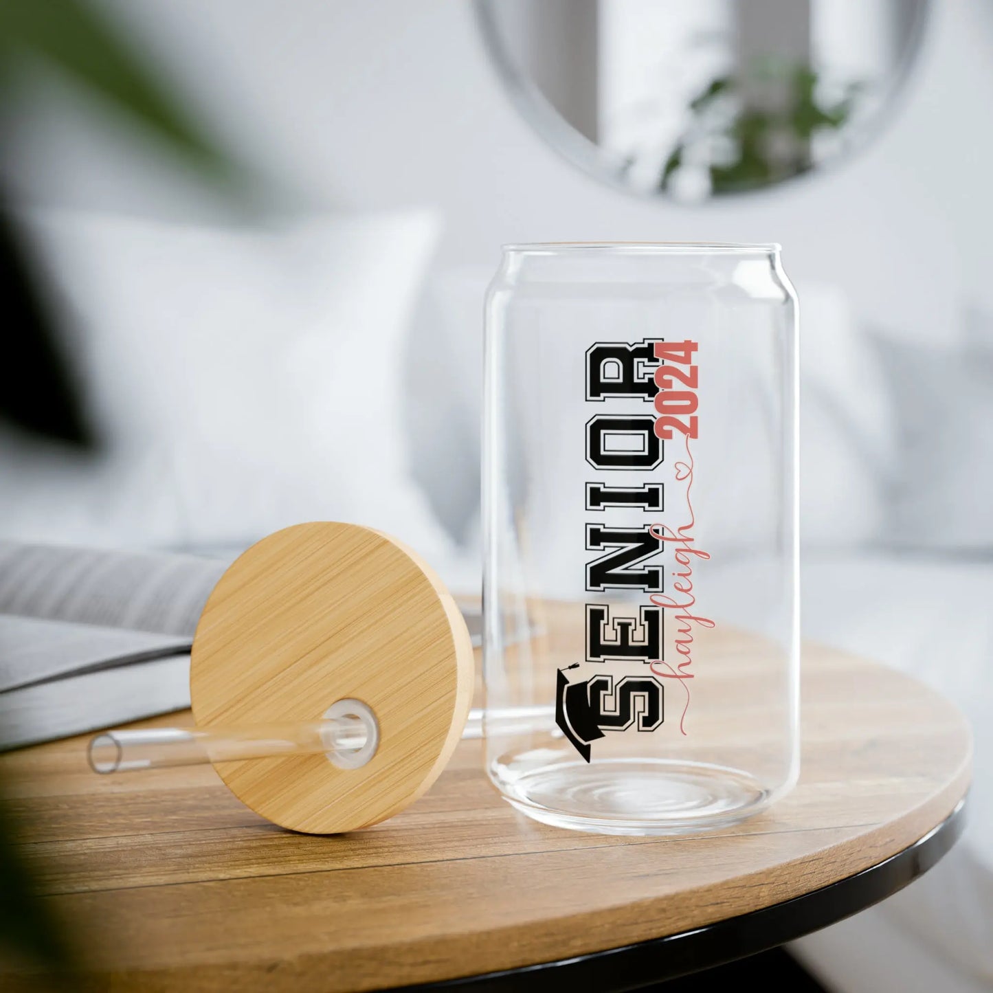Senior 2024 with Personalized Name Glass Can Iced Coffee Cup with Bamboo Lid and Straw Printify