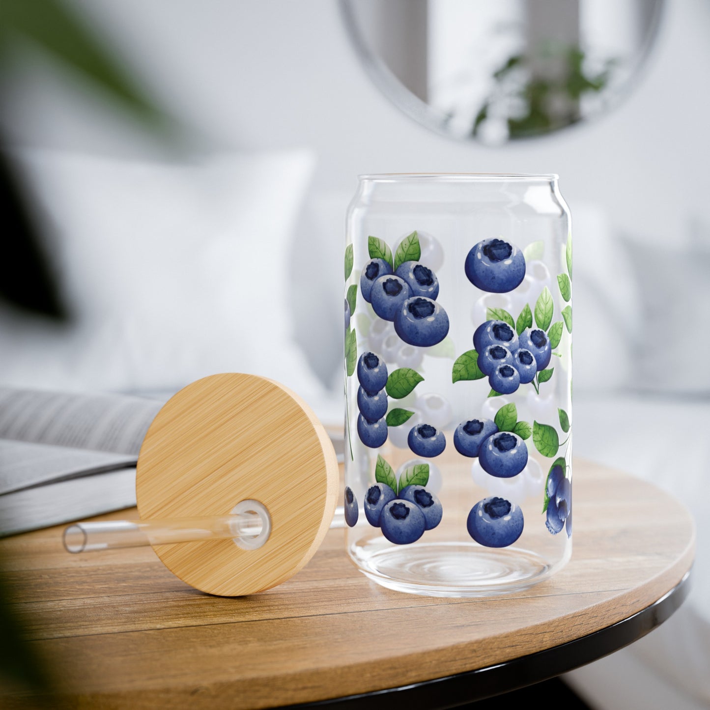Blueberry Glass Can Iced Coffee Cup with Bamboo Lid and Straw