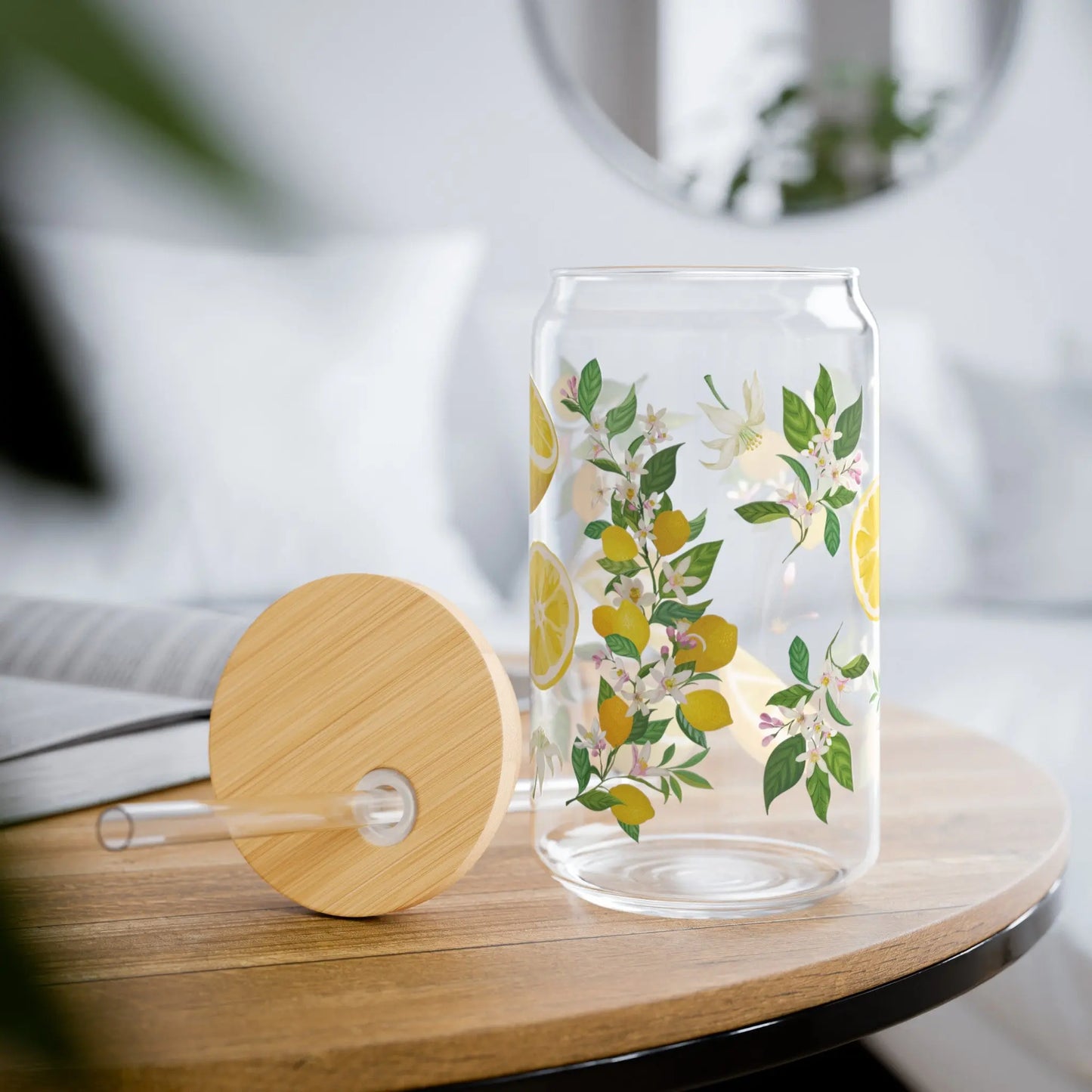 Lemon Citrus Glass Can Iced Coffee Cup with Bamboo Lid and Straw Printify