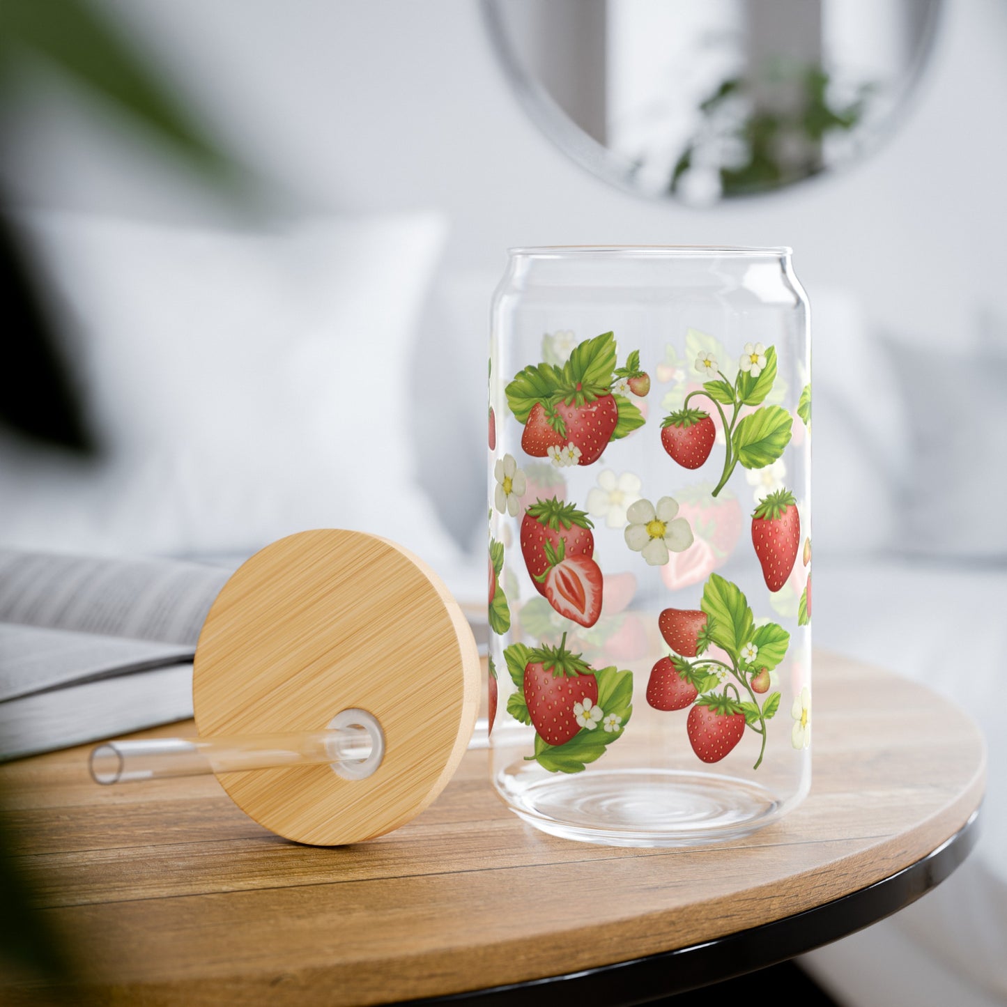 Strawberry Glass Can Iced Coffee Cup with Bamboo Lid and Straw