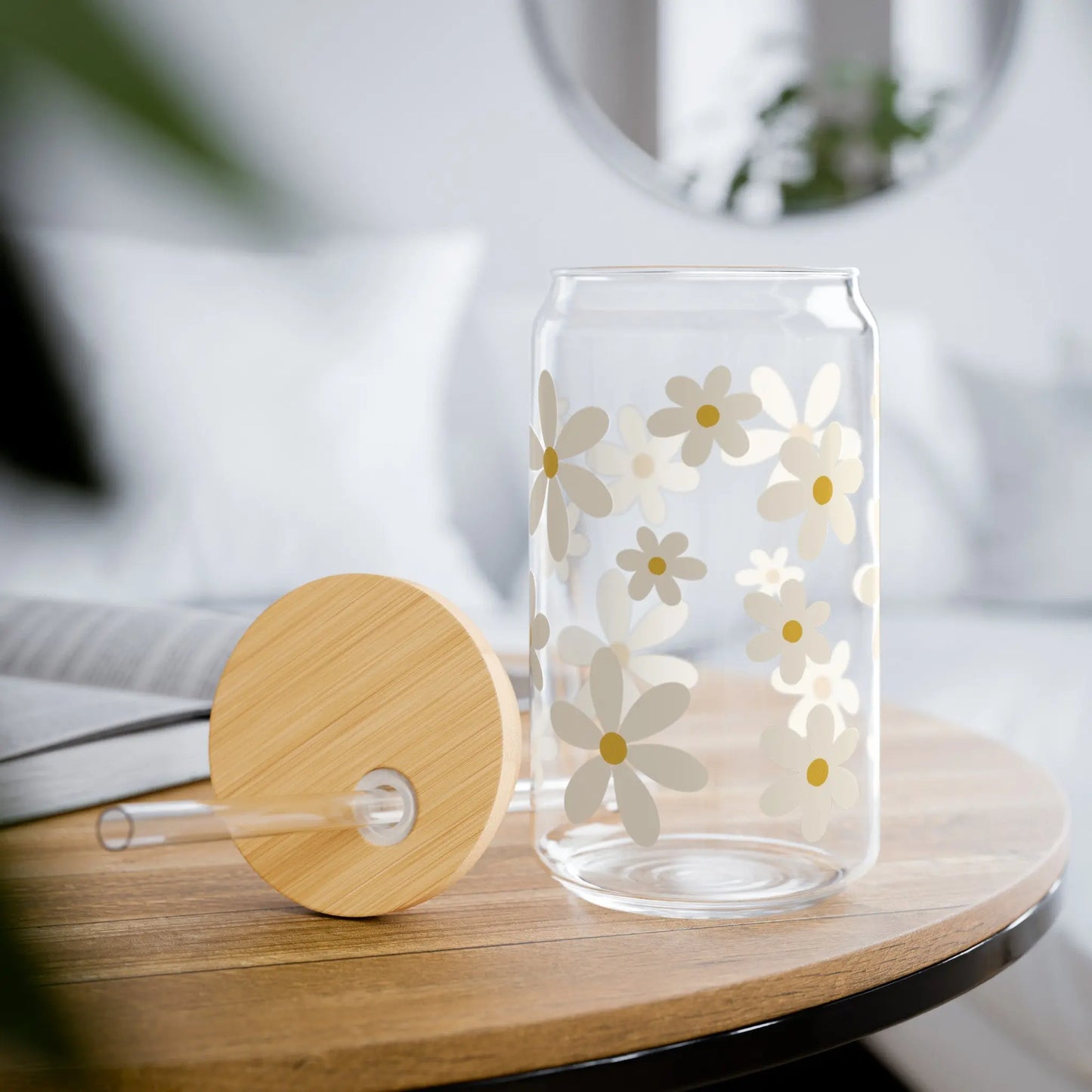White Daisy Glass Can Iced Coffee Cup with Bamboo Lid and Straw Printify