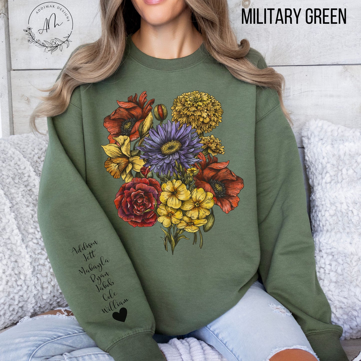 Custom Birth Flower Bouquet Sweatshirt with Personalized Names Printed on Sleeve
