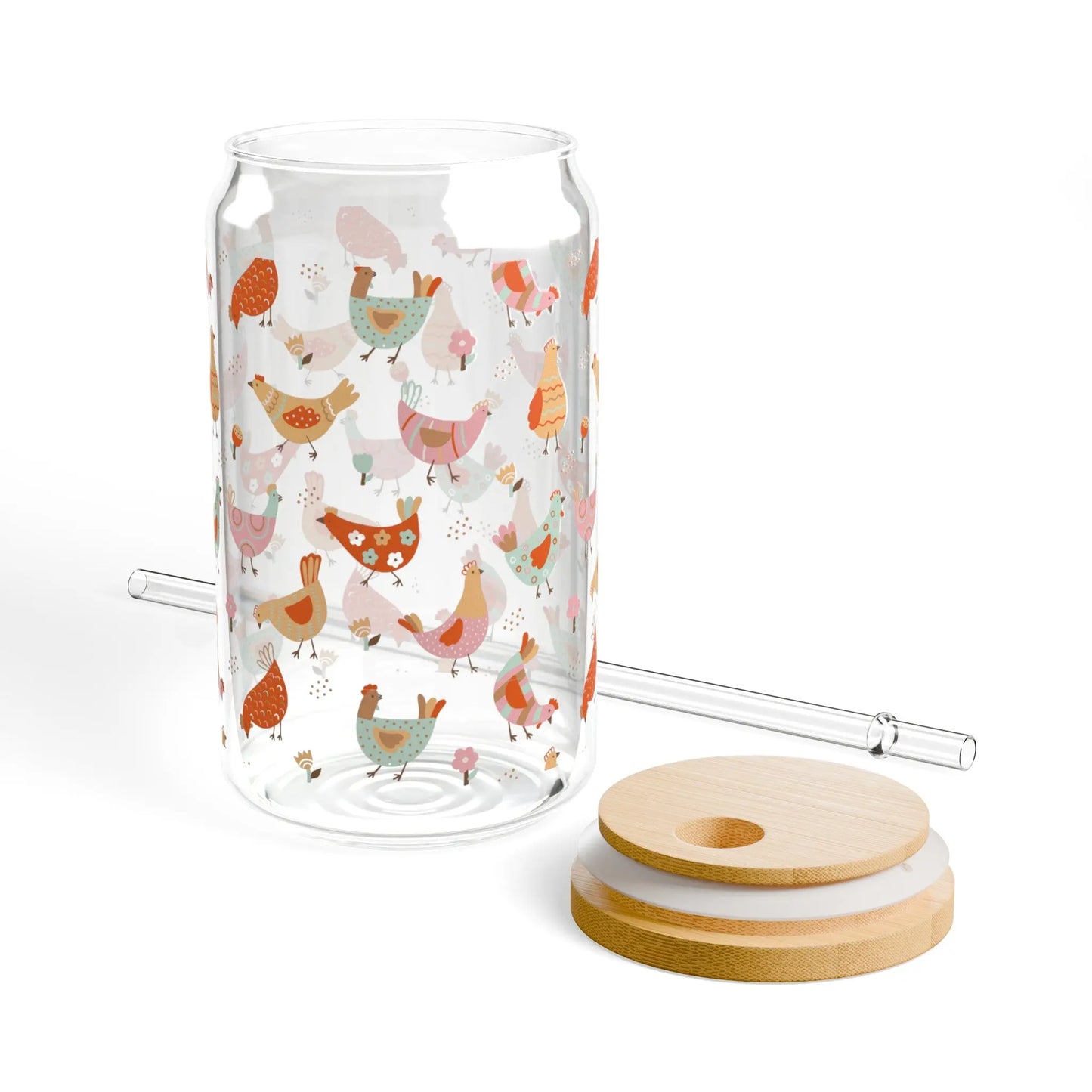 Chickens and Flowers 2.0 Glass Can Iced Coffee Cup with Bamboo Lid and Straw Printify