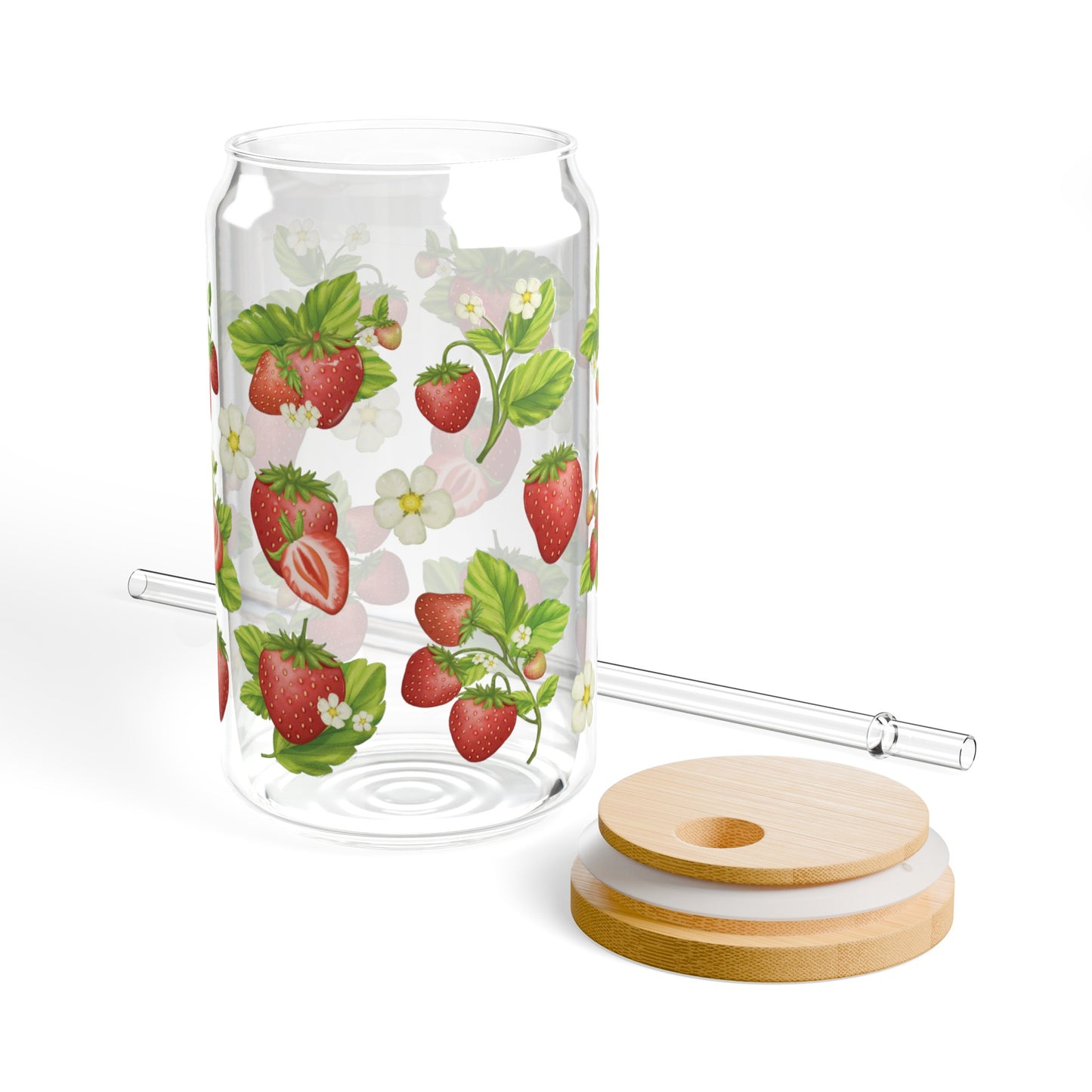 Strawberry Glass Can Iced Coffee Cup with Bamboo Lid and Straw