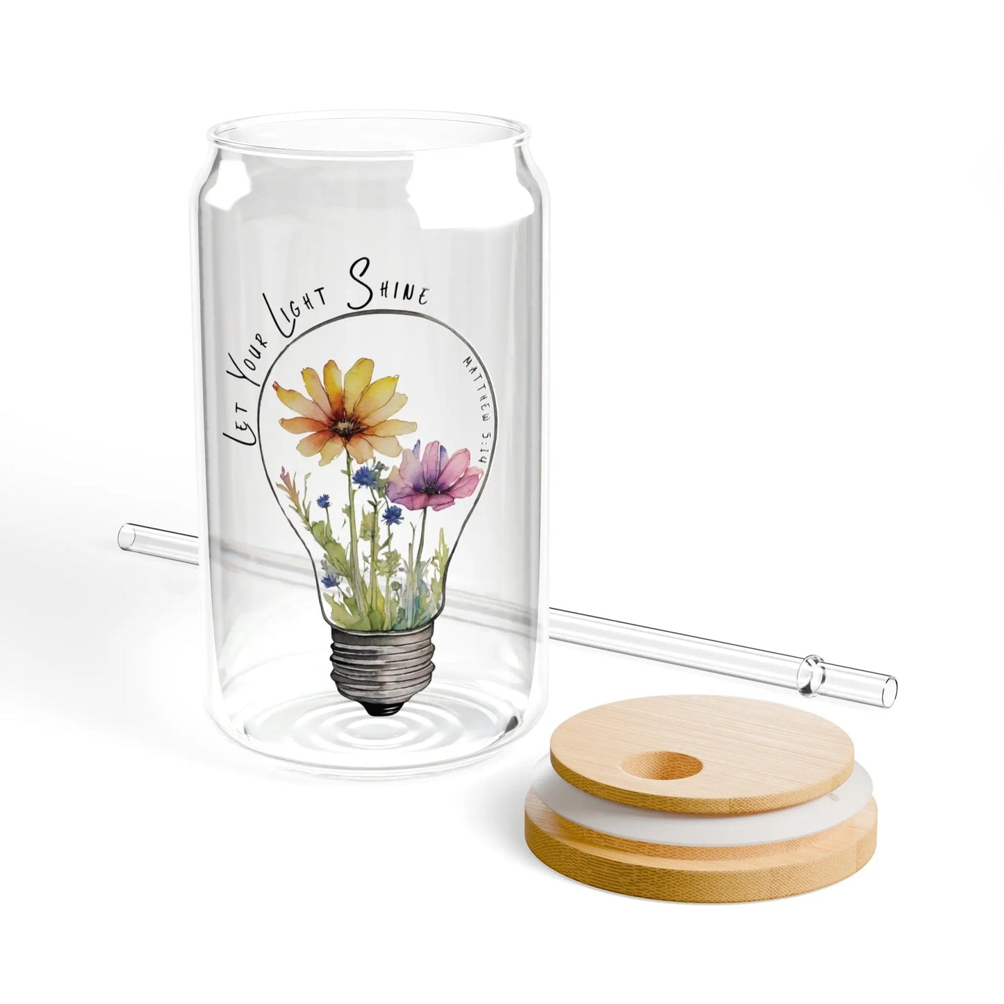 Let Your Light Shine Glass Can Iced Coffee Cup with Bamboo Lid and Straw Printify