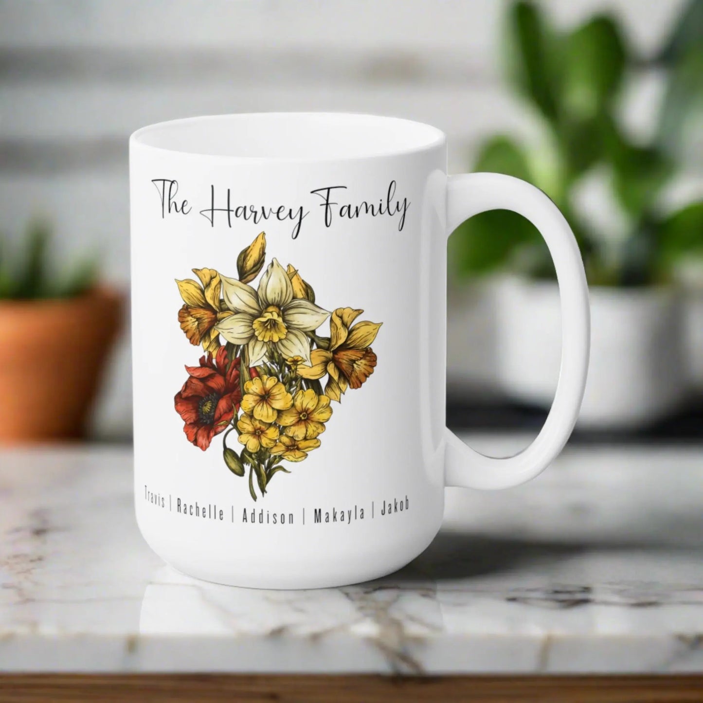 Custom Family Birth Flower Bouquet Ceramic Mug 15oz Printify