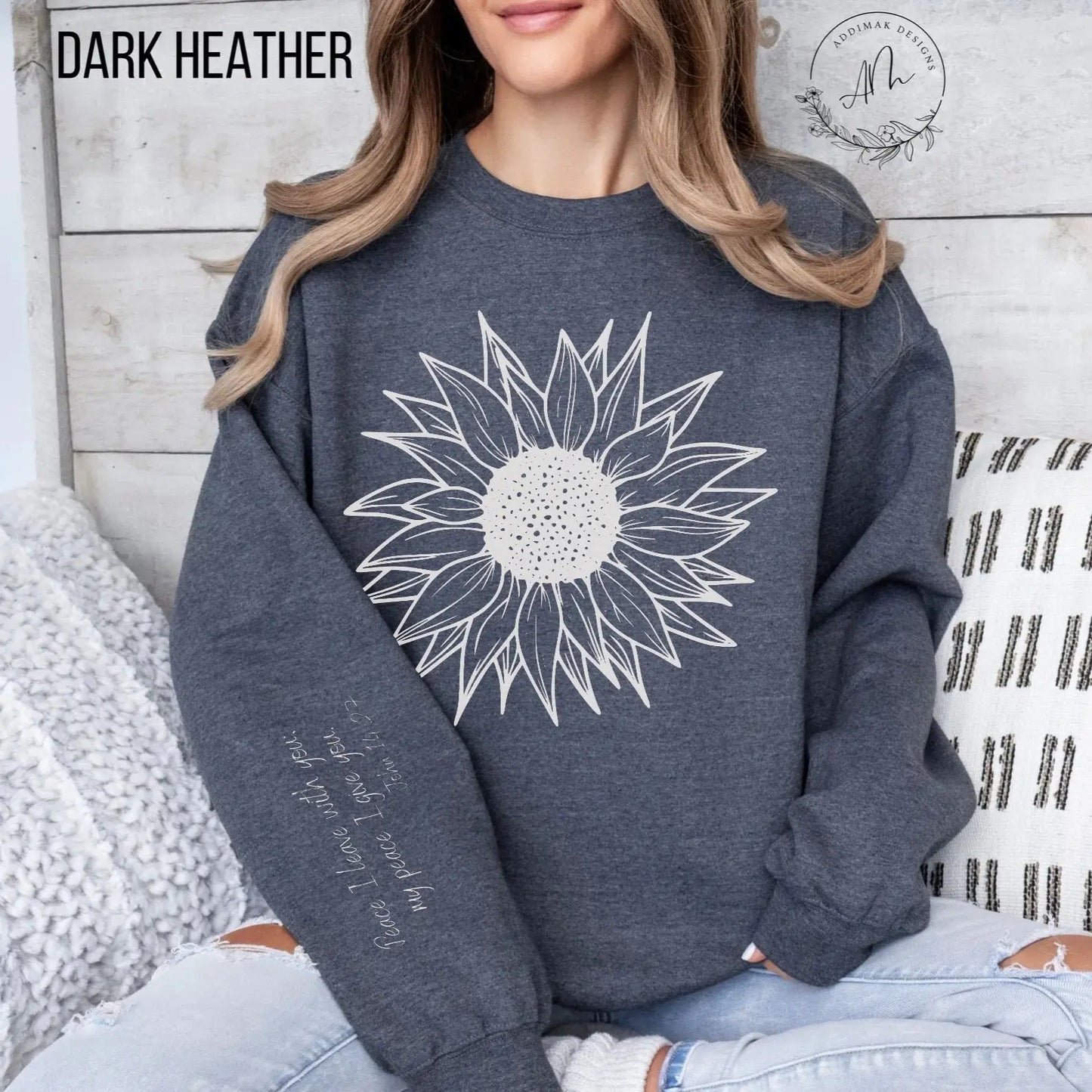 Sunflower (John 14:27 on Sleeve) Crewneck Sweatshirt Printify