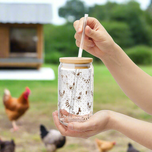 Whimsical Chickens Glass Can Iced Coffee Cup with Bamboo Lid and Straw