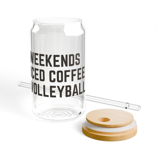 Weekends Iced Coffee Volleyball Iced Coffee Glass Can Tumbler with Bamboo Lid and Straw