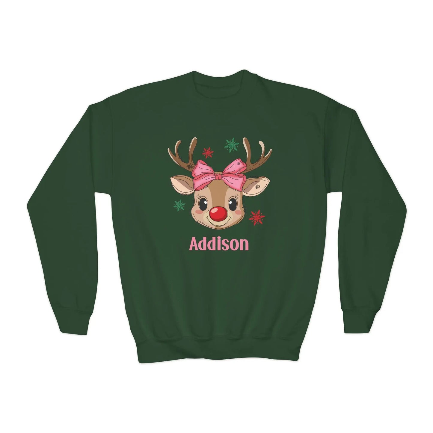 Personalized Kids Christmas Reindeer Sweatshirt | Custom Name Youth Holiday Crewneck | Cute Rudolph Girl Boy Christmas Outfit Printify