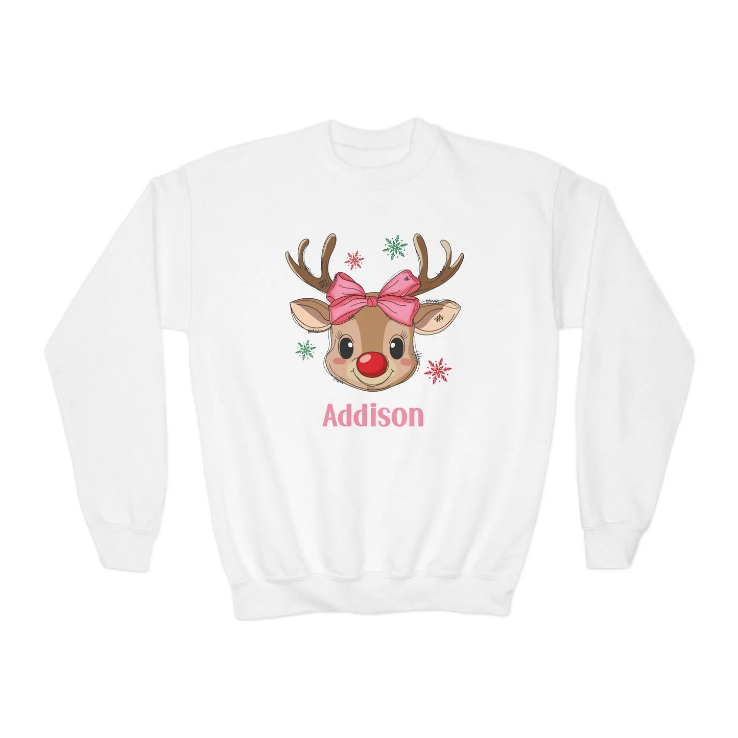 Personalized Kids Christmas Reindeer Sweatshirt | Custom Name Youth Holiday Crewneck | Cute Rudolph Girl Boy Christmas Outfit Printify
