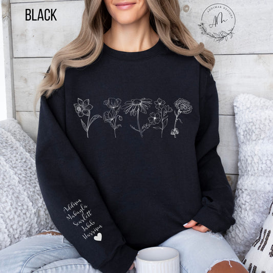 Customized Birth Flower with Custom Names on Sleeve Sweatshirt