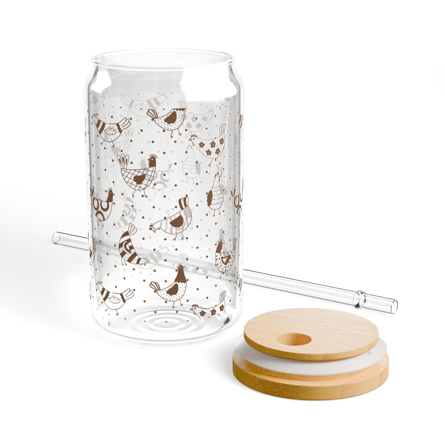 Whimsical Chickens Glass Can Iced Coffee Cup with Bamboo Lid and Straw