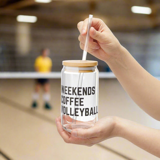 Weekends Coffee Volleyball Iced Coffee Glass Can Tumbler with Bamboo Lid and Straw