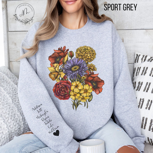 Custom Birth Flower Bouquet Sweatshirt with Personalized Names Printed on Sleeve