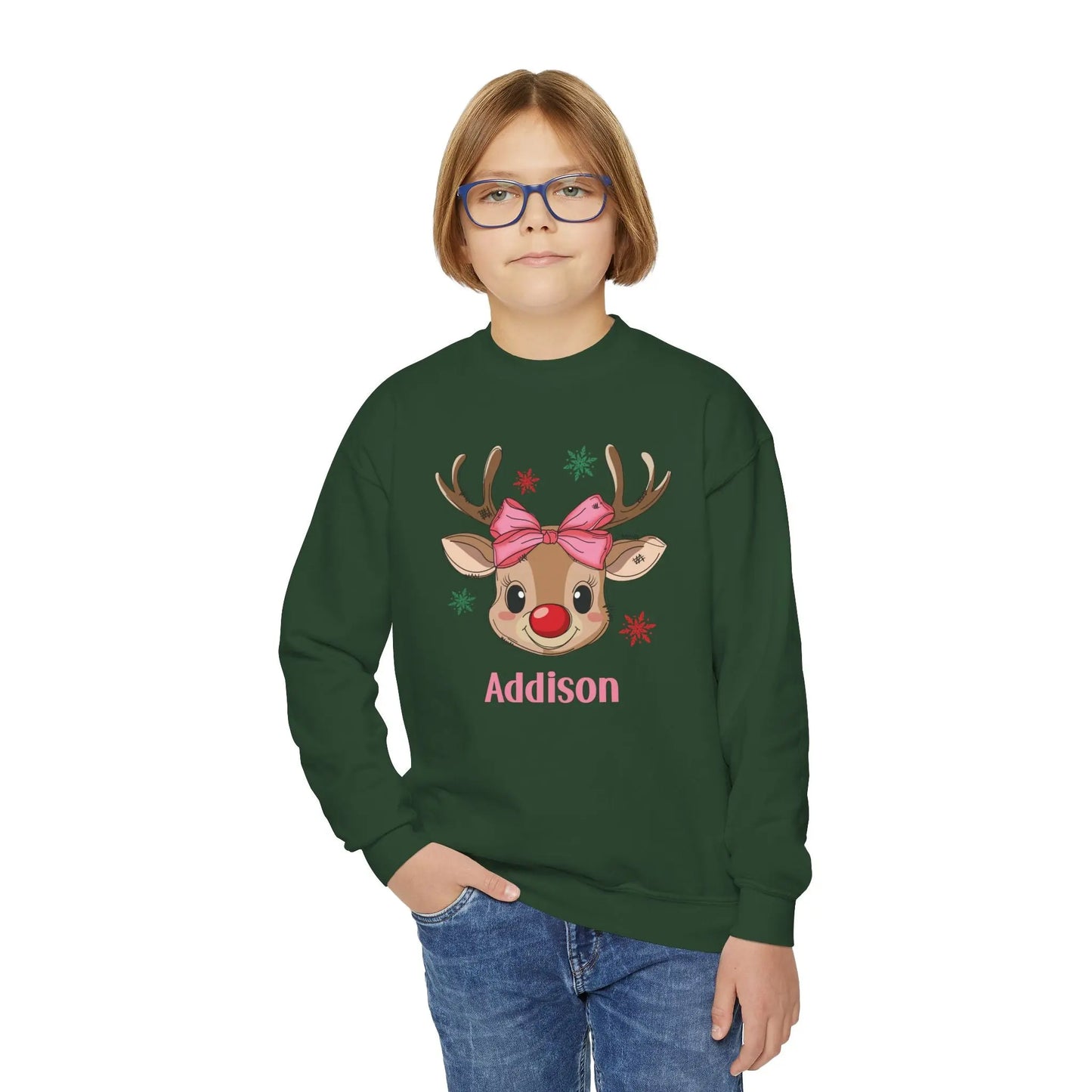 Personalized Kids Christmas Reindeer Sweatshirt | Custom Name Youth Holiday Crewneck | Cute Rudolph Girl Boy Christmas Outfit Printify