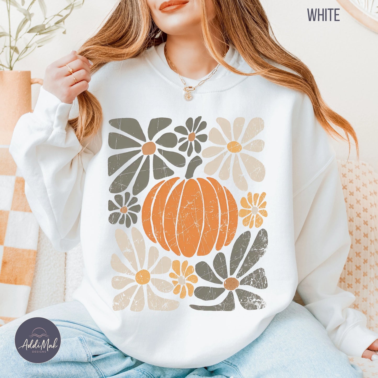 Retro Pumpkin and Floral Crewneck Sweatshirt Printify