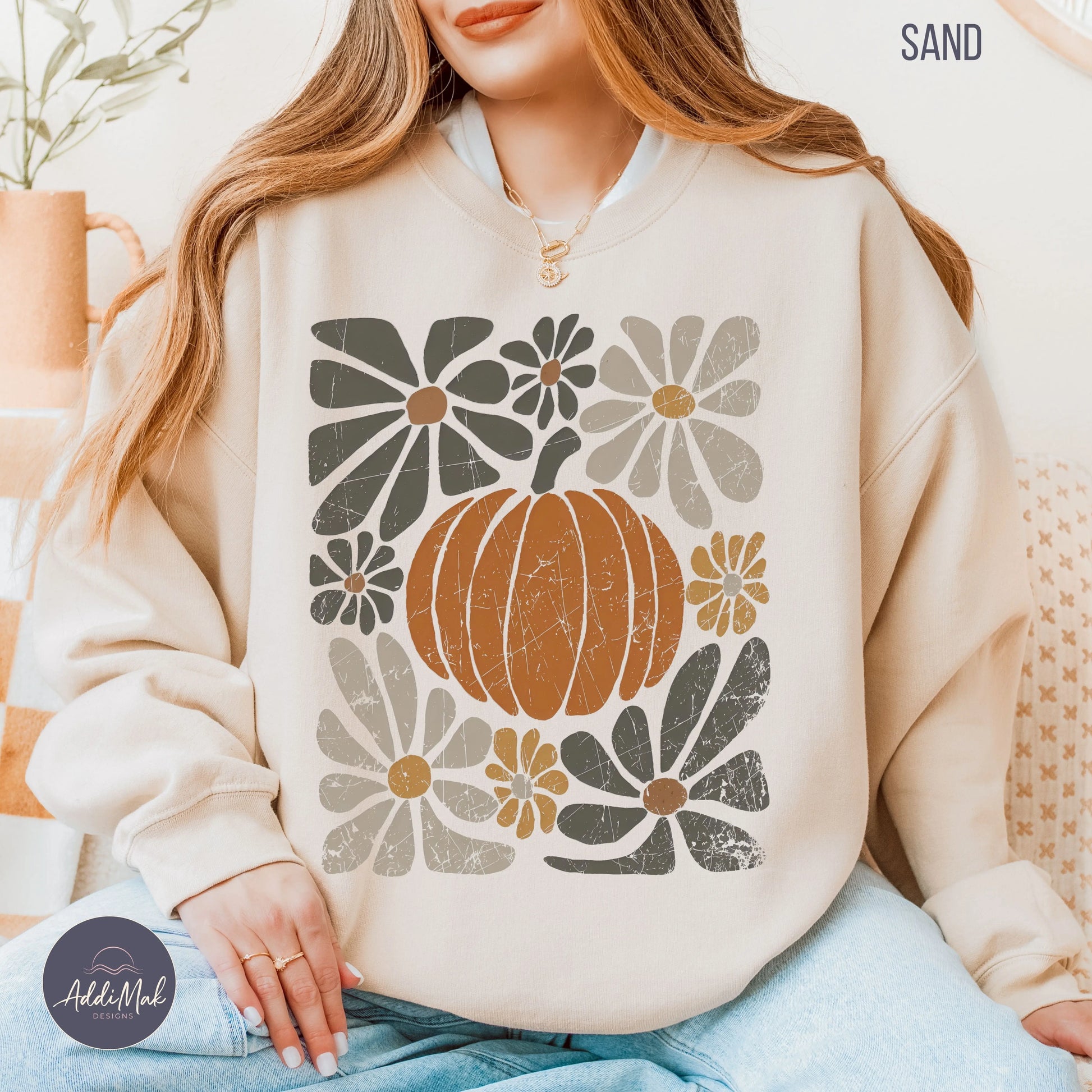 Retro Pumpkin and Floral Crewneck Sweatshirt Printify