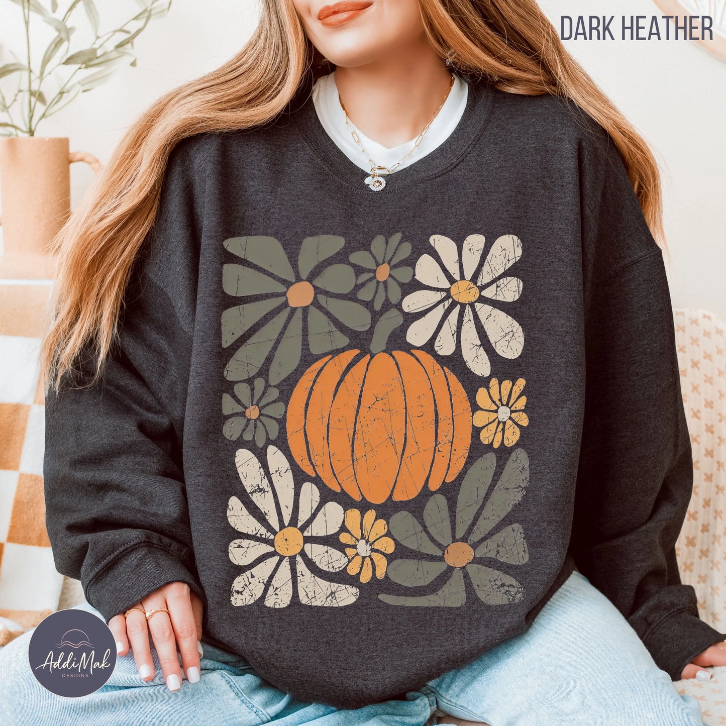 Retro Pumpkin and Floral Crewneck Sweatshirt Printify