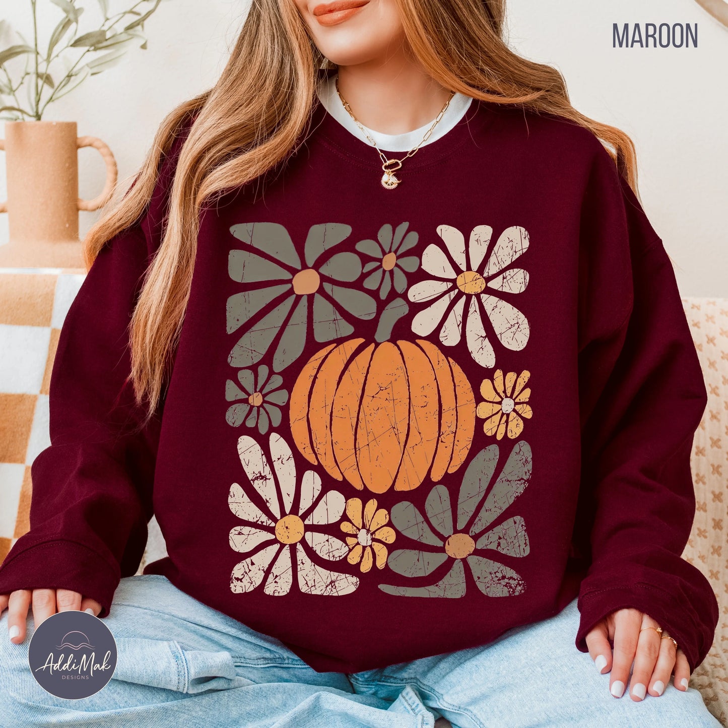 Retro Pumpkin and Floral Crewneck Sweatshirt Printify